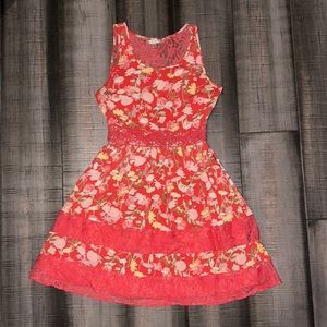 Lauren Conrad Coral Floral Pattern Dress with Tiered Lace Details